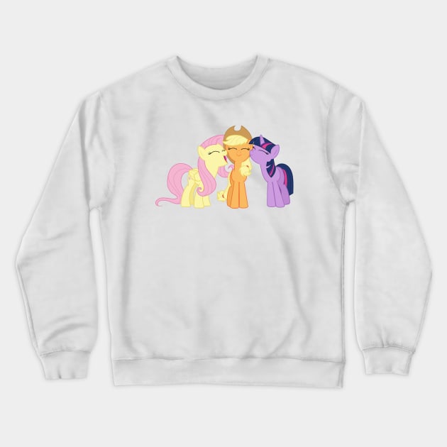 Fluttershy and Twilight nuzzling Applejack Crewneck Sweatshirt by CloudyGlow